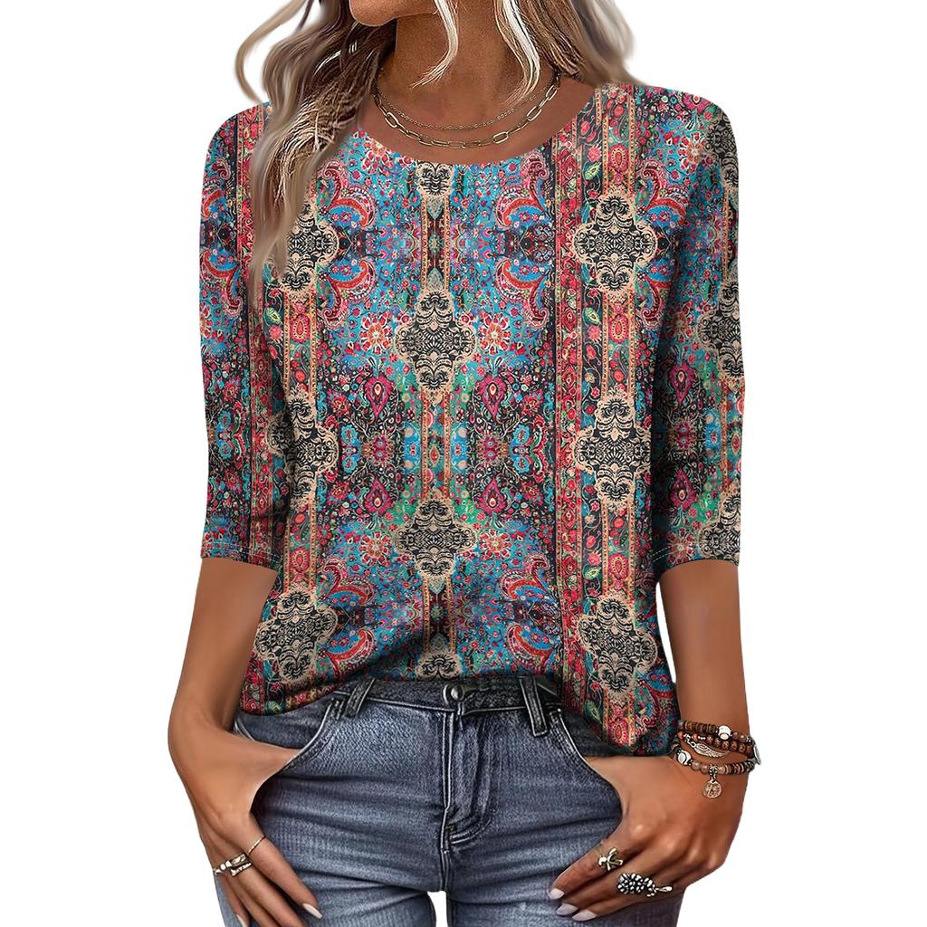 Women’s Casual 3/4 Sleeve Floral Pattern Printed Crew Neck Top Relaxed Fit Lightweight Pullover Blouse Shirt