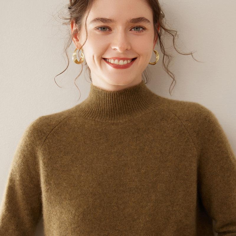 Women's 100% Pure Cashmere Soft Knit Sweater, Half-High Neck, Loose, Skin-Friendly, Slimming Base Layer
