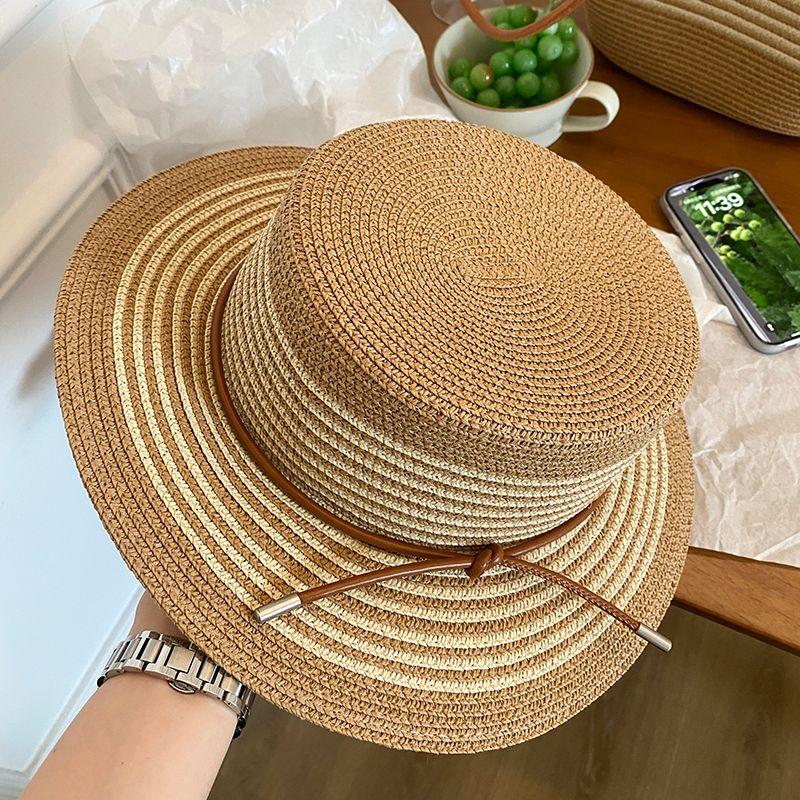 

Hand-Woven Bag Large Capacity Straw Handbag Female Sun Protection Straw Sun Hat Casual Easiest for Match Seaside One Shoulder Bag Khakis Stripes Straw Hat