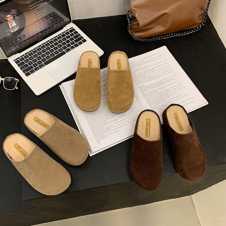 Soft leather version~ Baotou half slippers women wear high-end fluffy shoes in the autumn of 2024 new lazy Boken shoes