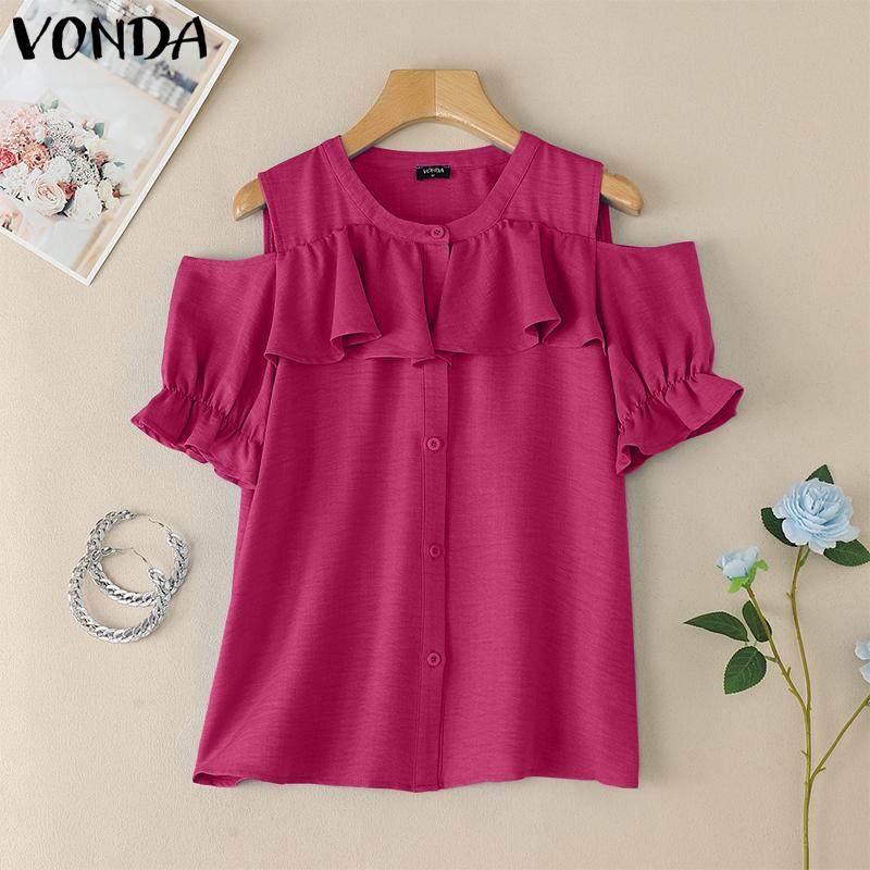 

VONDA Summer Women Cold Shoulder Puff Sleeve Ruffled Buttons Up Casual Blouse 5XL темно-розовый