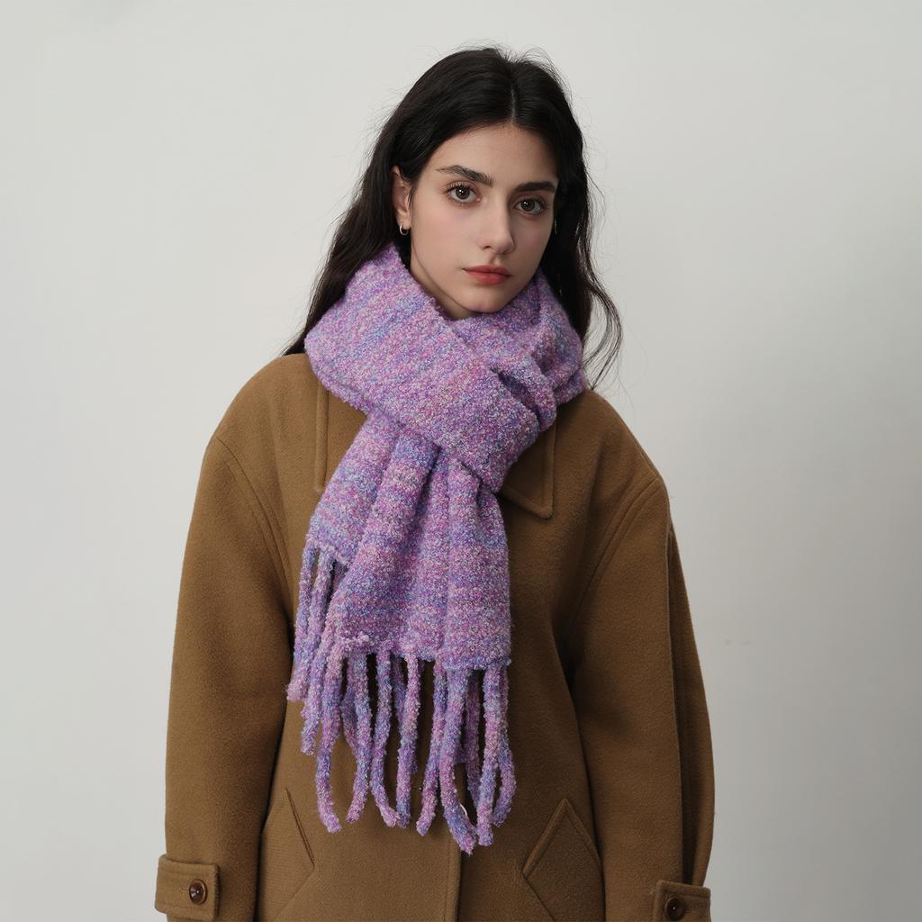 Homemade glacier blue with wool tassel solid color knitted scarf women's winter warm atmosphere soft shawl scarf