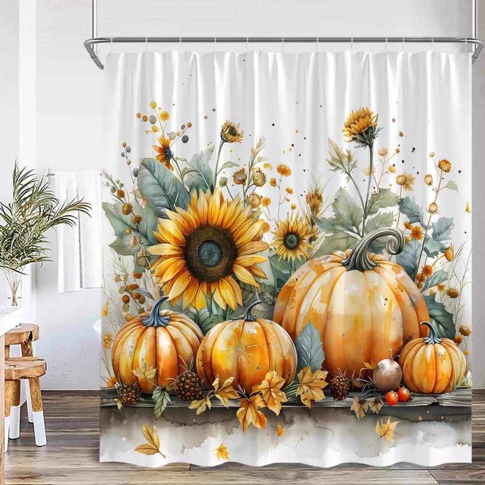 Cartoon shower curtain highland cattle harvest season pumpkin sunflower farmhouse bathroom decoration with hook shower curtain
