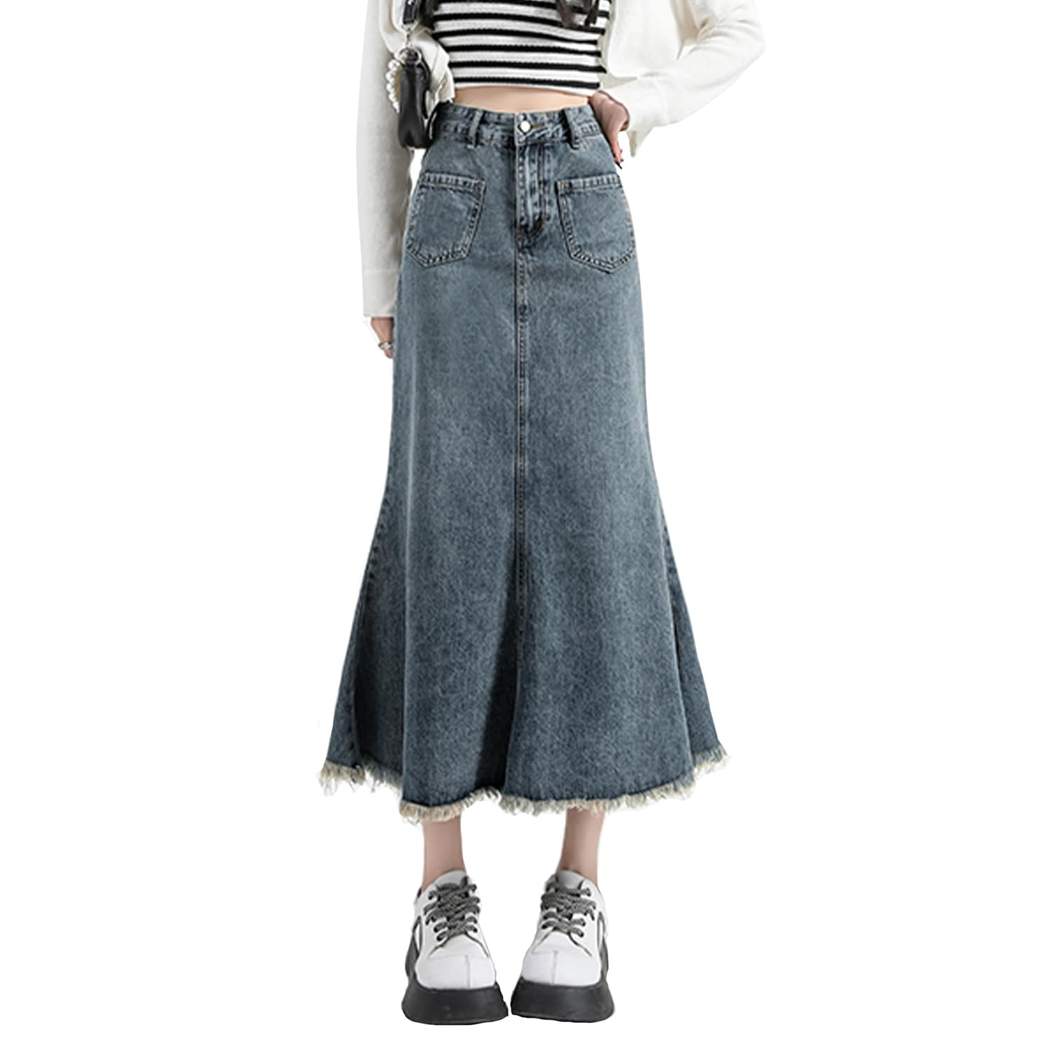 VYOOU Long Denim Mermaid Flared Denim Plus Soft Fringe at the Hem Women s Skirt, Skirt, Knee-Length Skirt, Sizes, (Vintage Blue, XL)