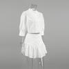 Summer cotton and linen white small stand-up collar five-quarter sleeve slim-fitting high-waisted short skirt two-piece set European and American 