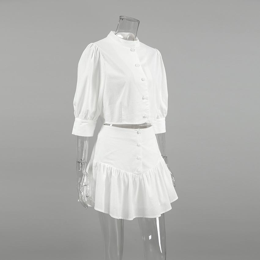Summer cotton and linen white small stand-up collar five-quarter sleeve slim-fitting high-waisted short skirt two-piece set European and American 