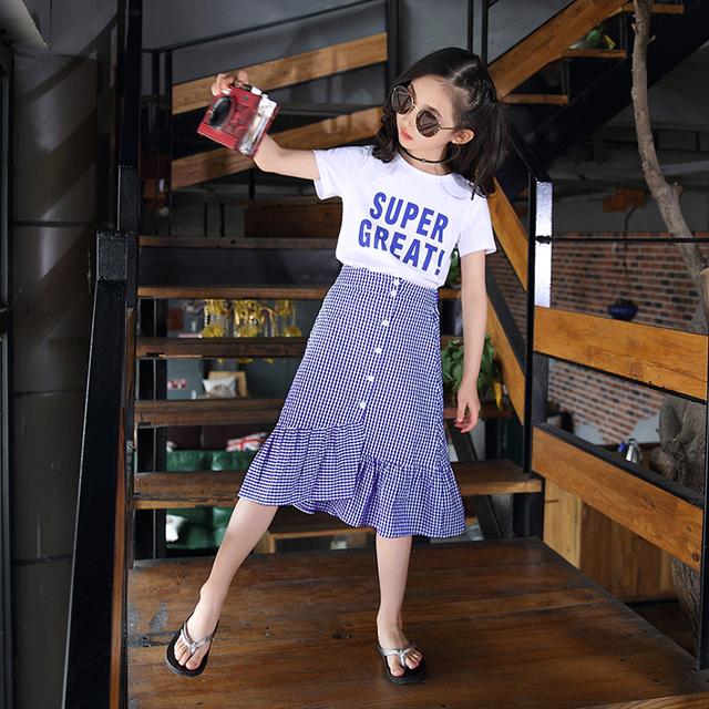 

Summer Clothes Kids Girls Outfit Children Cotton Short Letter T Shirt + Split Plaid Skirts 160cm синій