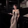 French Beautiful White One-word Shoulder Dress Women's Early Spring Pure Desire Temperament Slim Waist Hip Long Skirt
