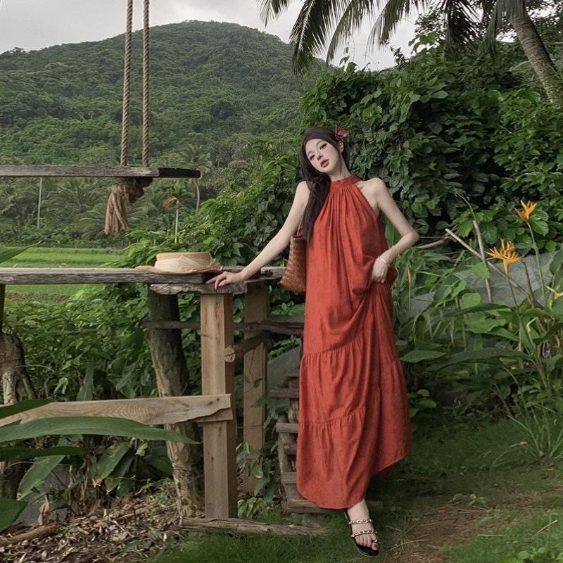 New Chinese Retro Red Neck Dress 2026 Summer Temperament Simple Long Dress Travel Photo Good-looking Skirt