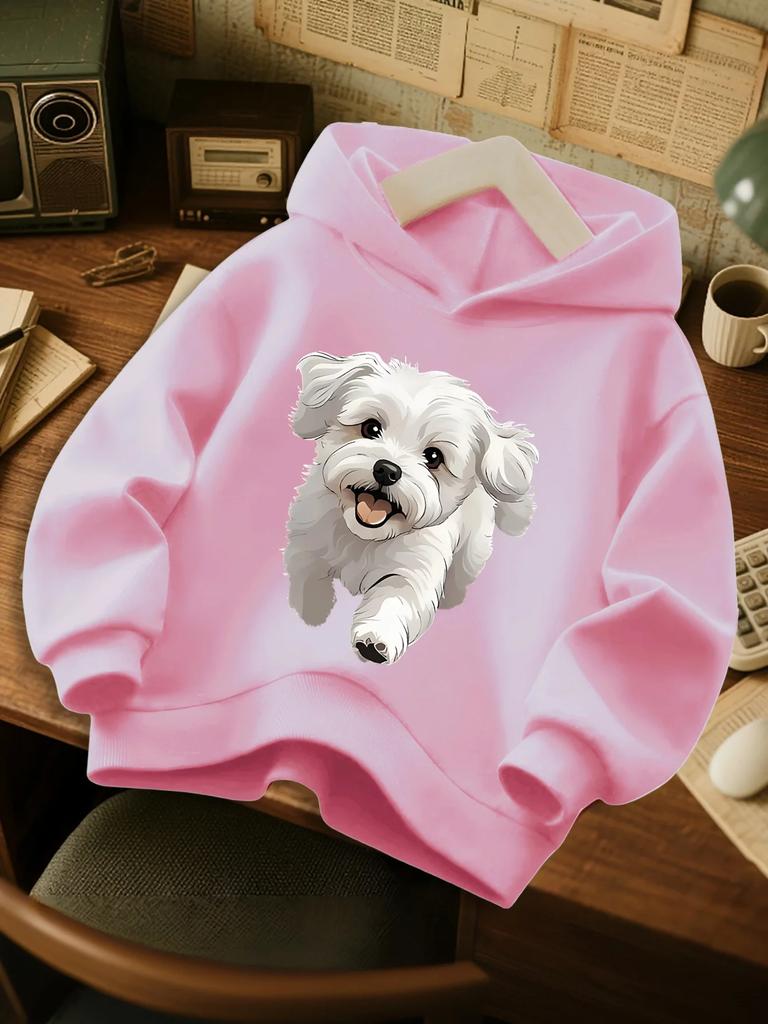 Cute White Maltese Dog Kids Hoodie Lovely Puppy Pet Chest Print Autumn Winter Fleece Warm Children Casual Hooded Sweatshirt