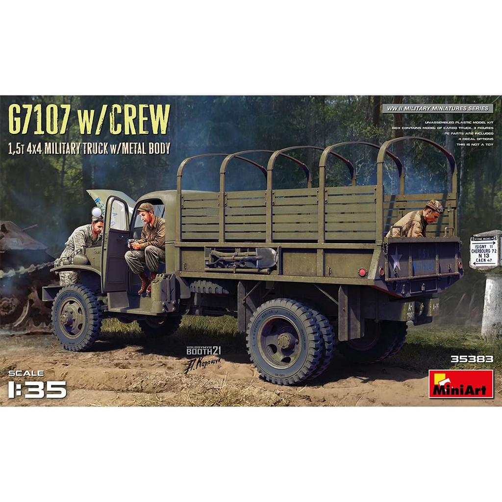 MiniArt 1/35 Scale US Army G7107 1.5t 4x4 Cargo Truck with Metal Cargo and 3 Crew Figures, Plastic Model Kit MA35383