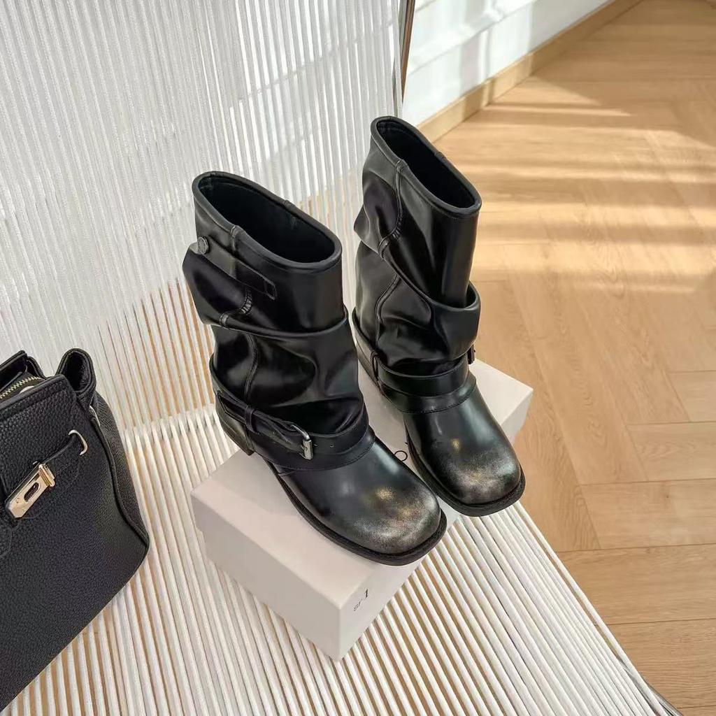 Korean Version of Western Jeans Tube Short Boots Women's Pleated Pile Black Polished Round Head Retro Casual Knight Martin Boots Women