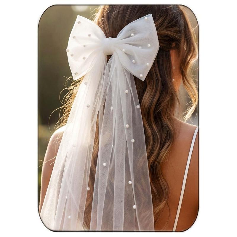 Pearl Bow Bridal Veil, White Tulle Clip On Elegant Wedding Hair Accessory