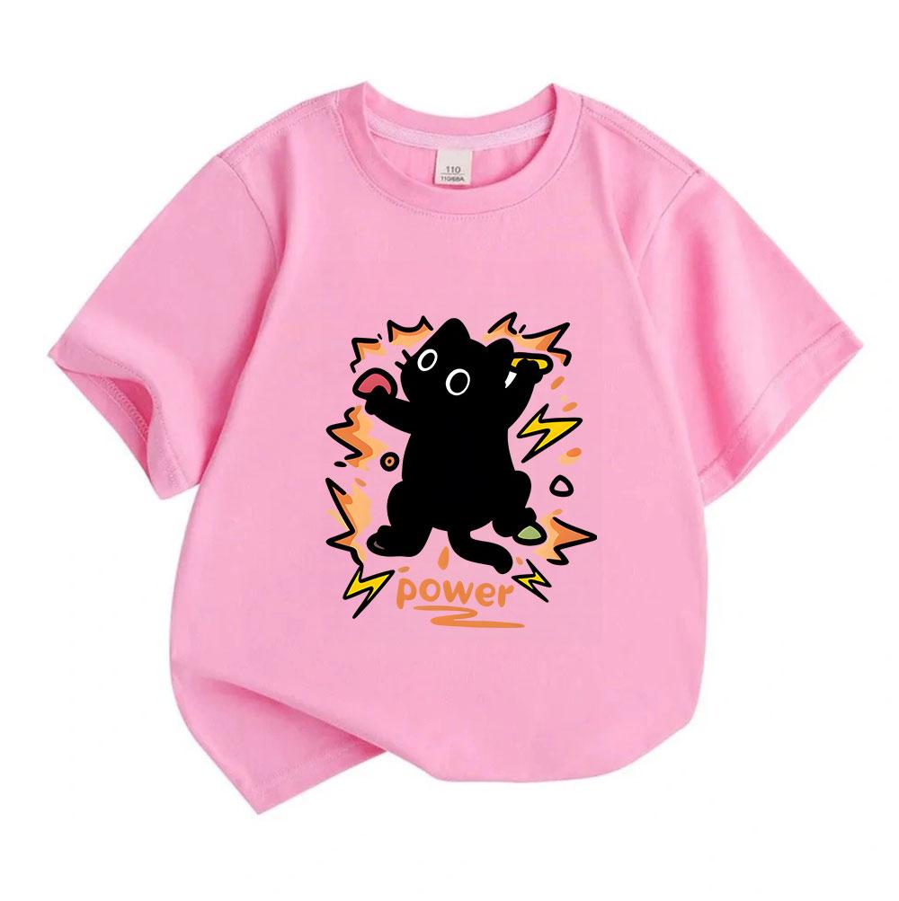 Kids Boys Girls 100% Cotton Crew Neck Short Sleeve T-Shirt, Cute Black Cat Power Lightning Explosion Pattern Casual Soft Summer Tee for Children Daily