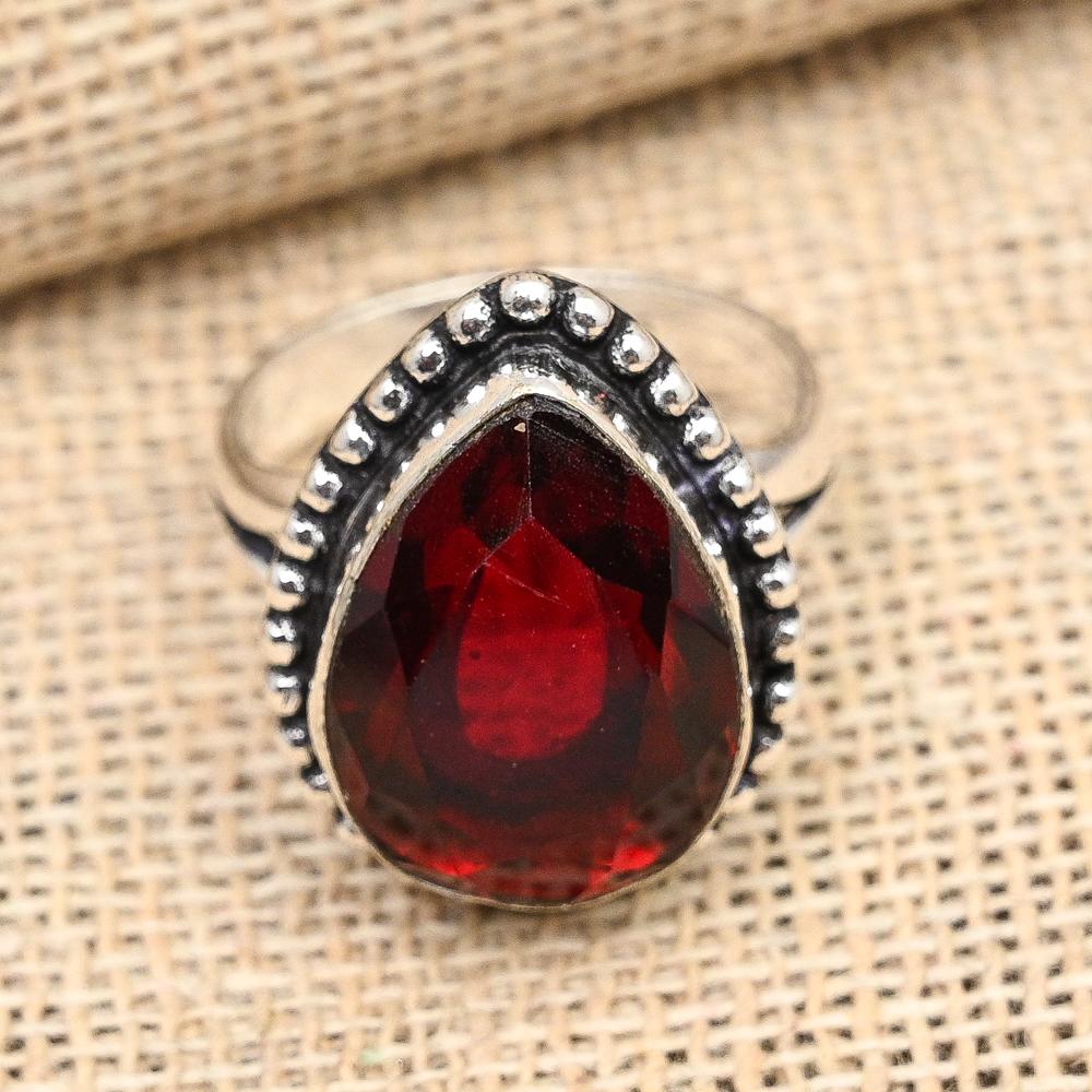 Anello Artigianale In Argento Placcato Con Granato Rosso Fuoco Naturale &ndash; Taglie 6-10