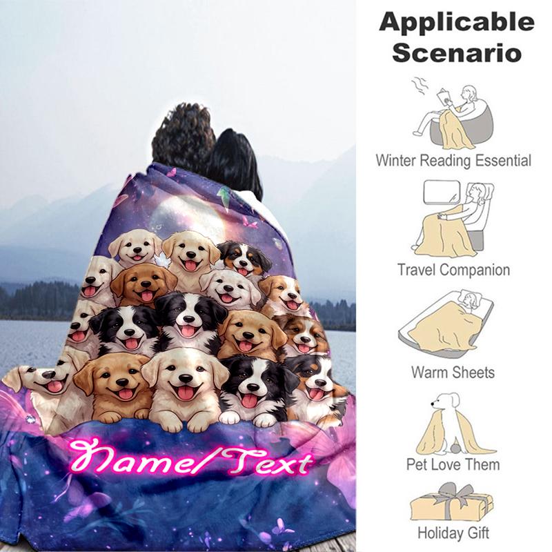 1PC Custom Name Puppy Moonlit flannel blanket versatile,all-season throw suitable for the living room,bedroom,camping,travel,and gift
