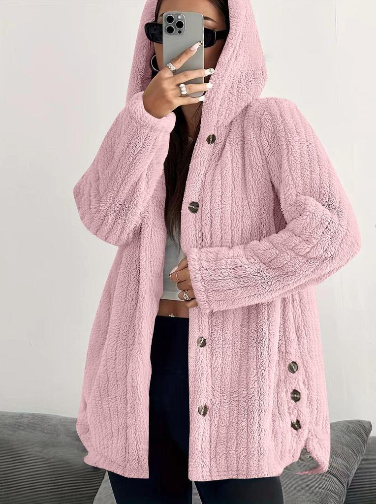 Cappotto di Peluche Morbido da Donna Autunno/Inverno 2025 Europa, Colore Unito, Manica Lunga, con Cappuccio, Vestibilità Larga