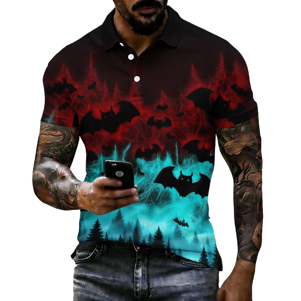 Unisex Loose Fit Casual Short Sleeve Polo Shirt with Halloween Themed Print for Everyday and Seasonal Wear