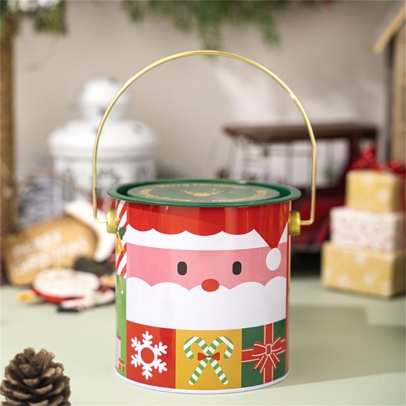 Pack Of 2 Christmas Treat Boxes with Handle Handheld Round Bucket Tinplate Sweets Cookie Container for Party Use