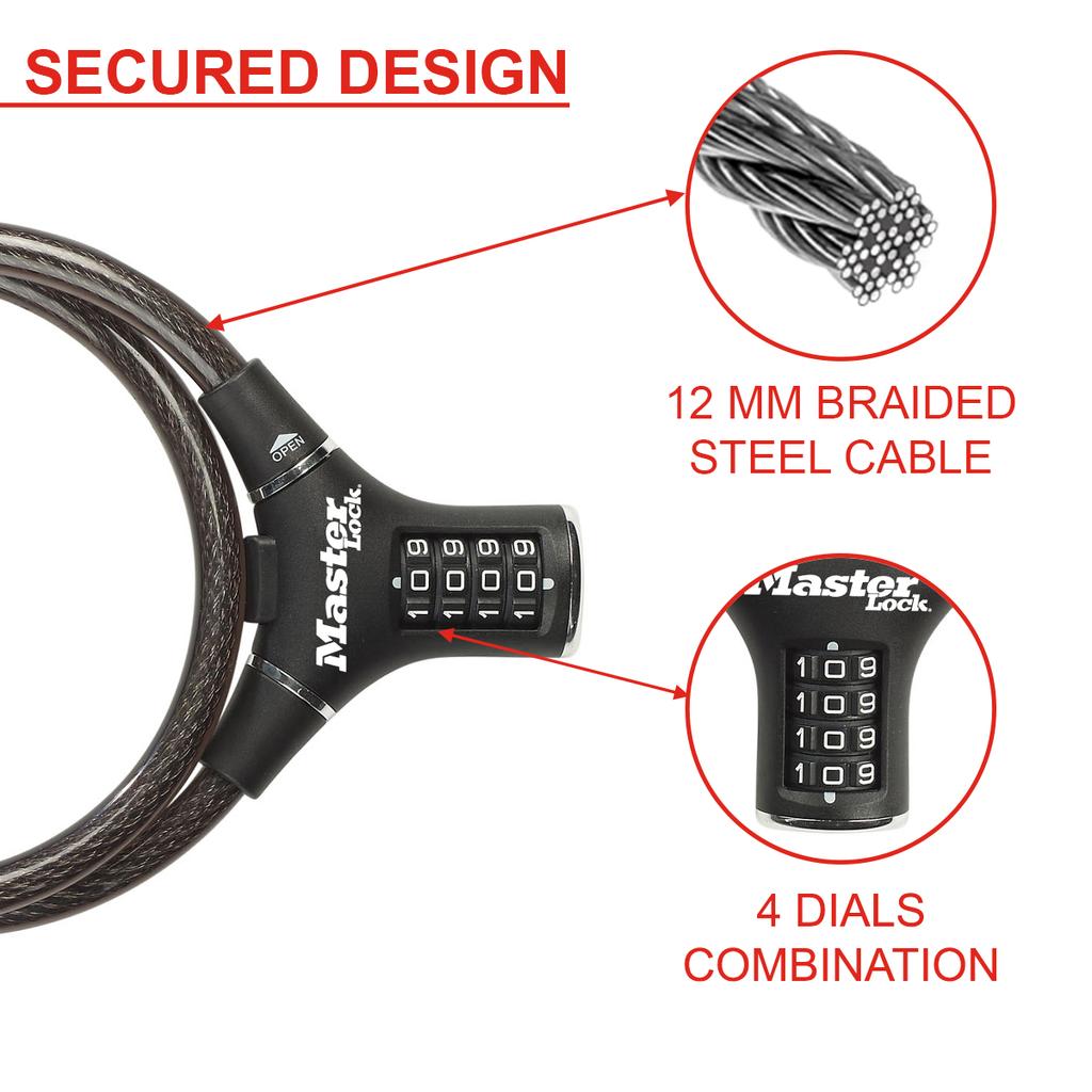 Master Lock Bike Lock Cable, 4-Digit Combination, 90 cm x 12 mm
