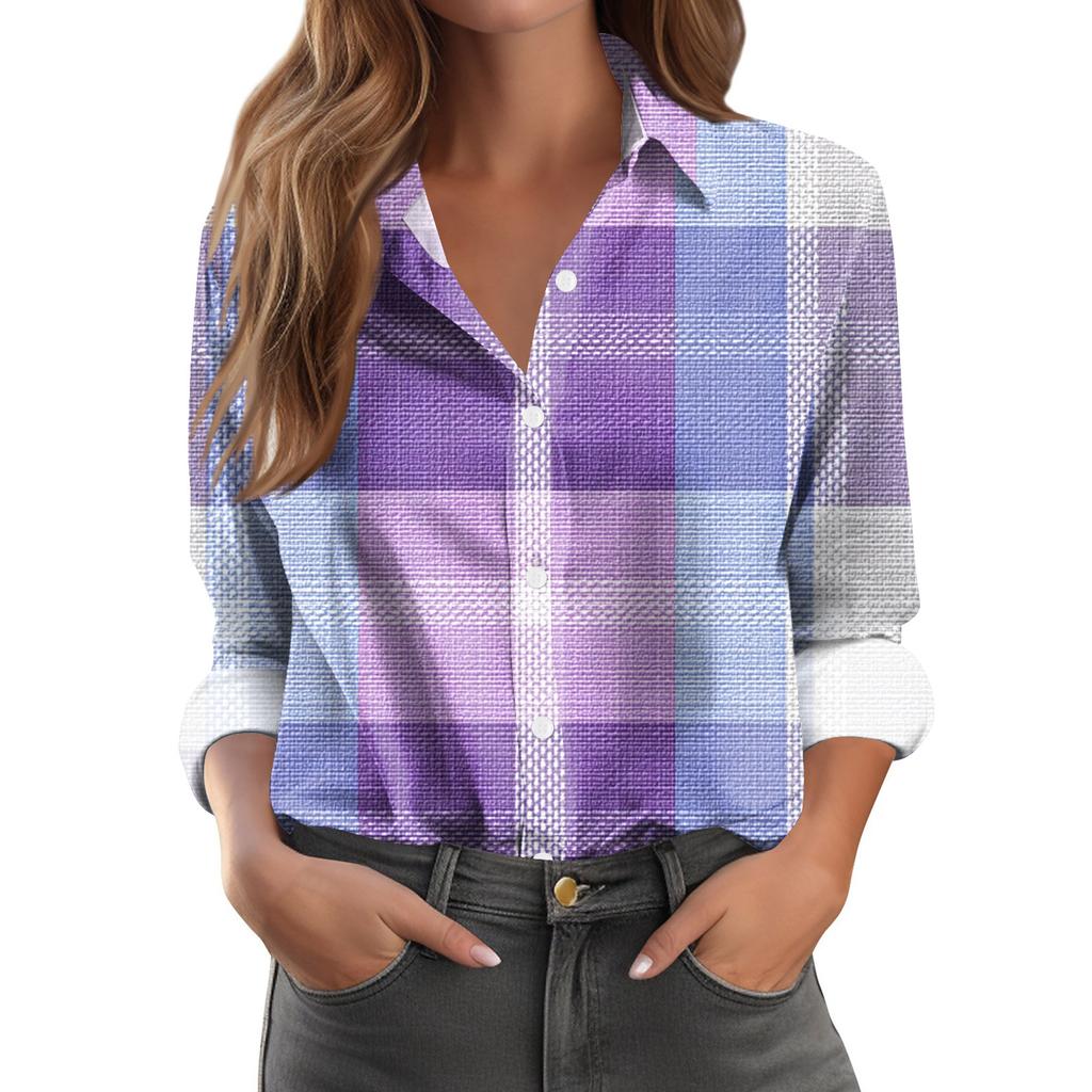 Women's Casual Fashion Plaid Print Half-Open Collar Long Sleeve Shirt