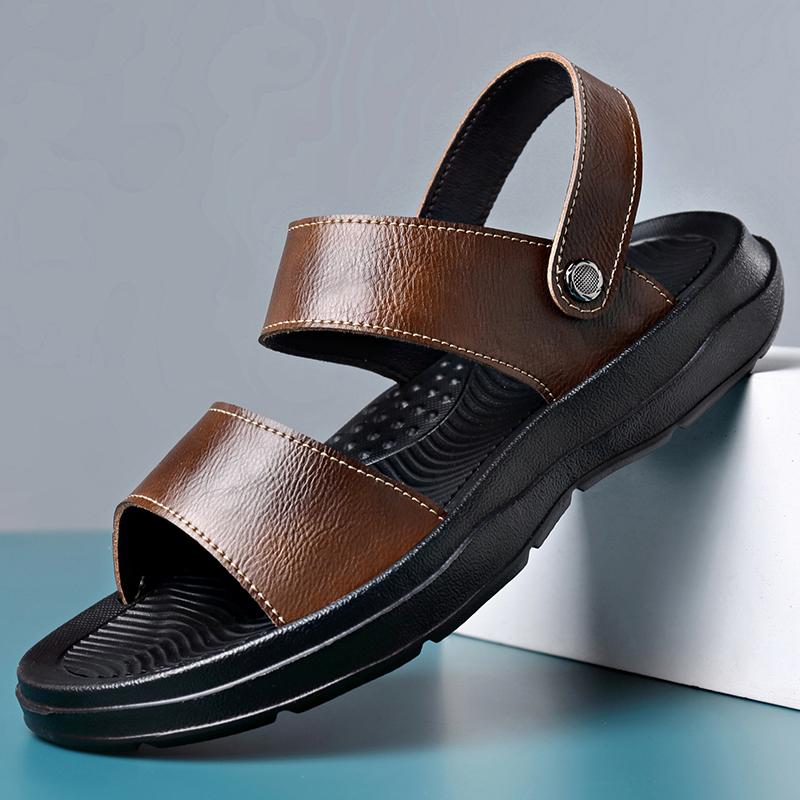 Summer Flats Men's Business Sandals Massage Sole Men Leather Sandals Outdoor Beach Walking Shoes Male Designer Slippers