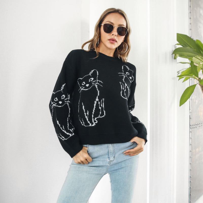 Women Loose Long Sleeve Cat Jacquard Knit Sweater