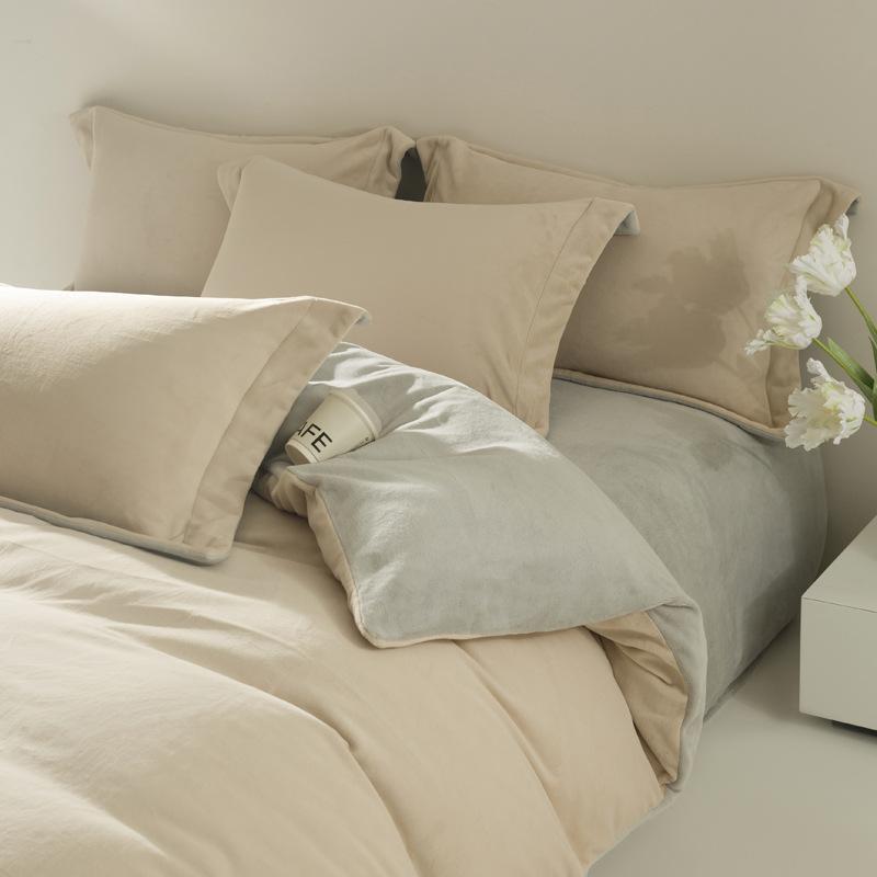 Solid Color Thickened Milk Fleece Four-Piece Set Double-Sided Fleece Coral Fleece Quilt Cover Flannel Bed Sheet Three-Piece Set