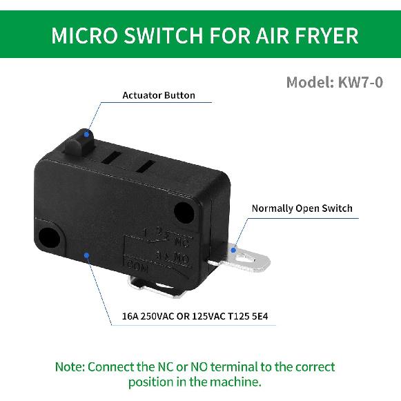 KW7-0 Micro Switch, Replacement for Air Fryer XL, Power XL, Vortex, Microswitches for Microwave Oven & Induction Cooker - Normally Open, 16A