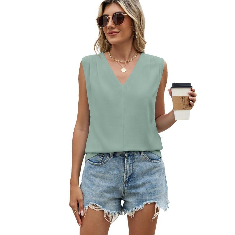 Summer Chiffon Shirt Women Loose V Neck Pleated Sleeveless Top Vest Solid Color Loose Blouse