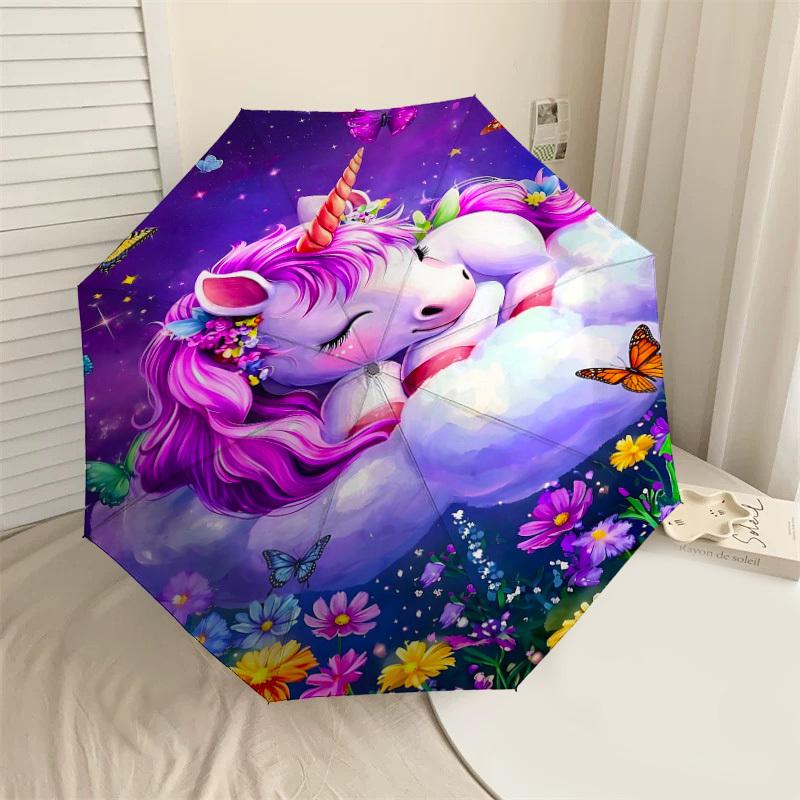 

1PC Unicorn Flowers Umbrella-8-Rib Reinforced Portable Folding Travel Suitable for All Seasons Outdoor Daily Use -J0405