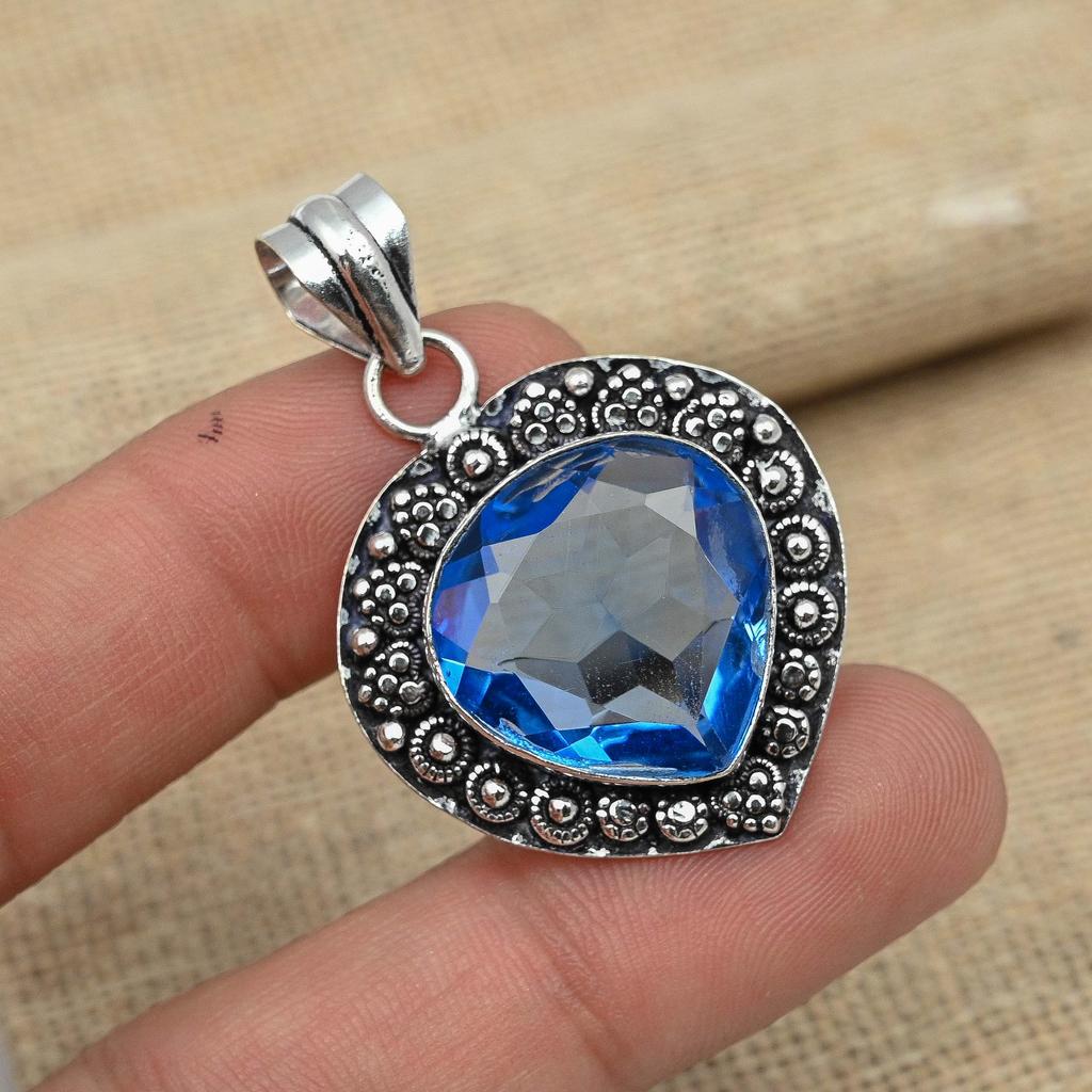 Blue Topaz Gemstone 925 Sterling Silver Handmade Pendant Wedding Gift Jewelry
