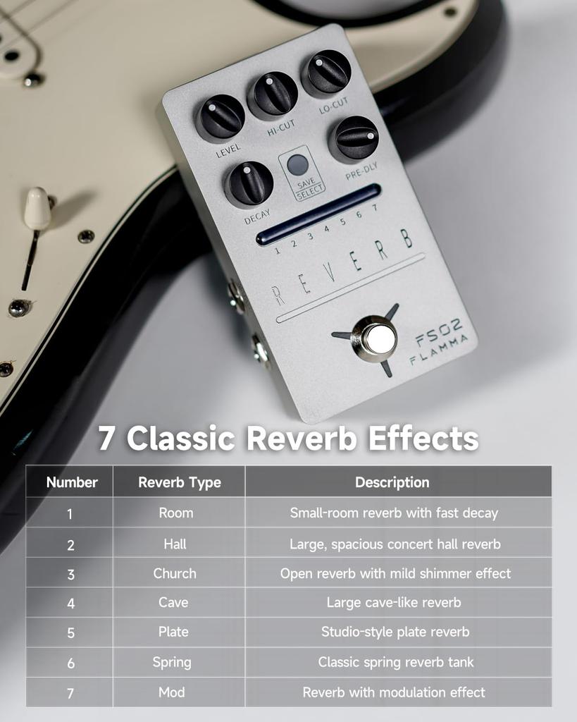 FLAMMA FS02 Digital Reverb Guitar Pedal with 7 Classic Effects, Trail On, Buffered Bypass, Silver Stereo Digital Reverb Effects Pedal