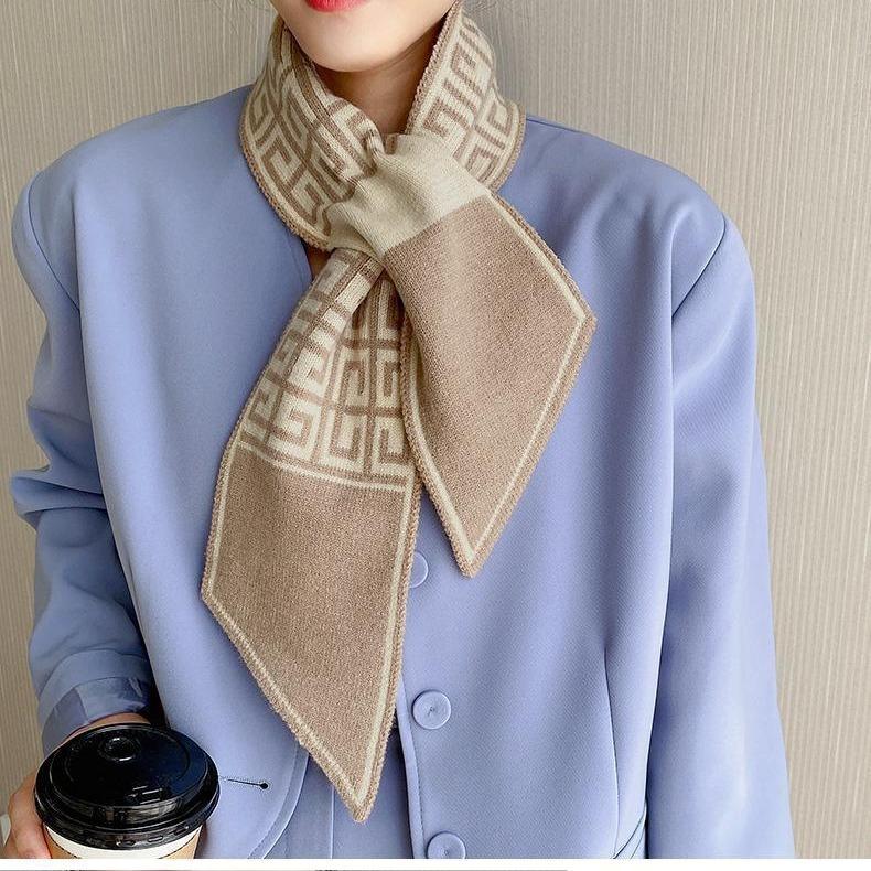 Knitted Wool Soft and Waxy Autumn and Winter Cross Neck Gaiter Small Scarf Feminine and Versatile  Retro Feeling Imitation Cashmere Scarf