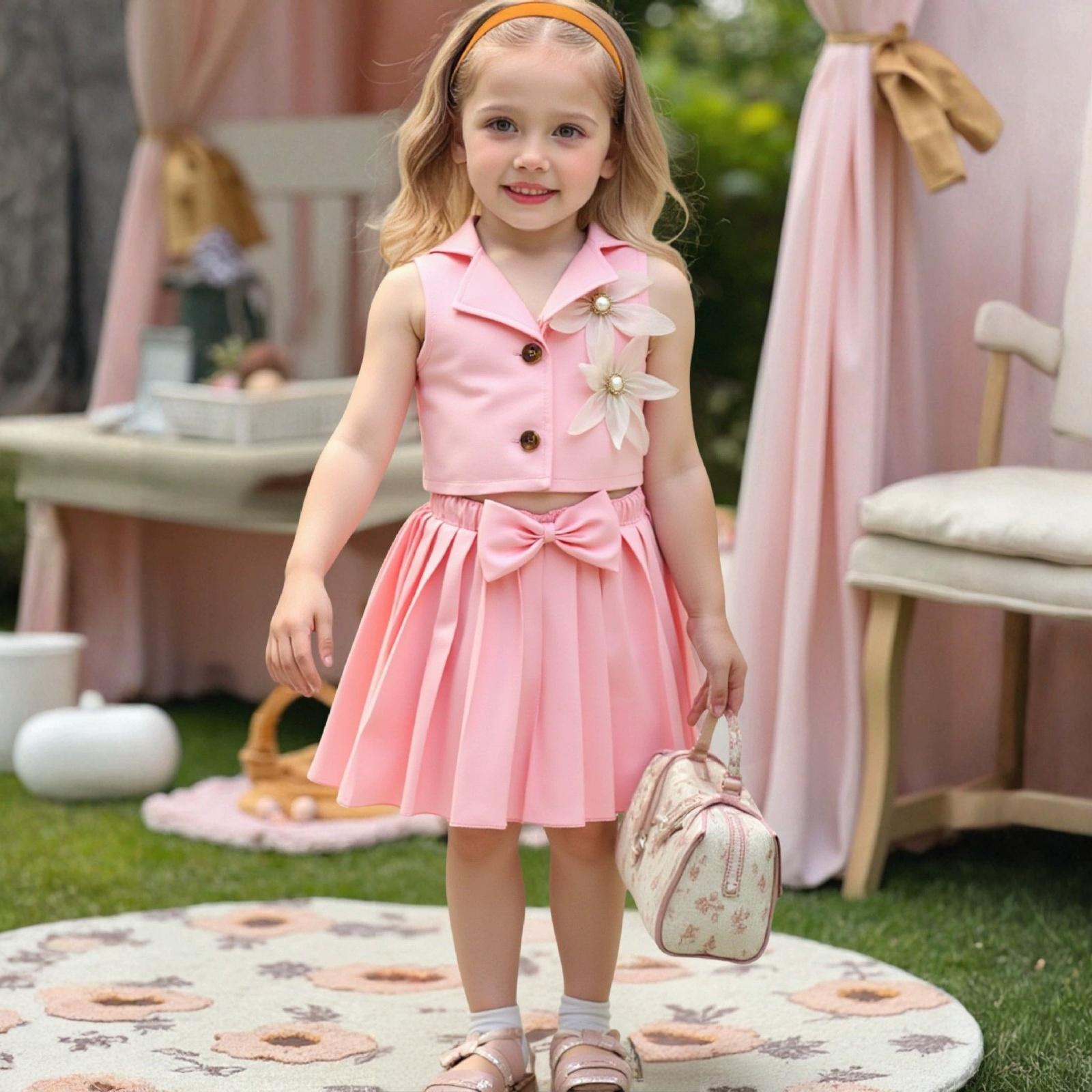 

Комплект из двух предметов: формальный топ с 3D-цветком для девочек и плиссированная юбка 110 розовый