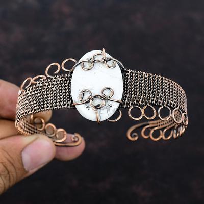 Howlite Cuff Bracelet Copper Wire Wrapped Bangle Gemstone Jewelry Adjustable Cuff Bracelet Copper Wire Jewelry Handmade Bangle Gift For Wife
