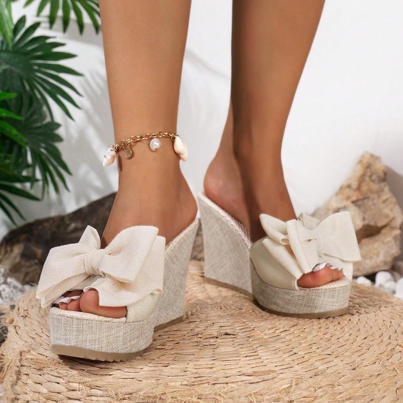 Fashion Heel Bow Summer Slippers Comfortable and Elegant Thick-soled Women's Shoes Large Size Sweet Women's High-heeled Slippers Slope