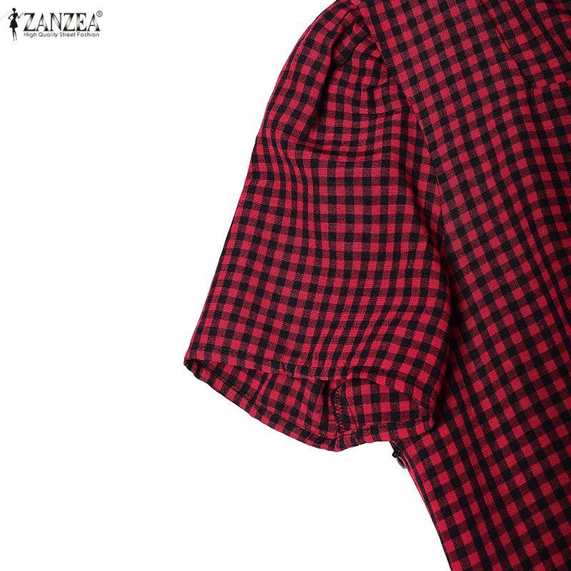 ZANZEA Womens Square Collar Short Sleeve Casual Grid Print Dress