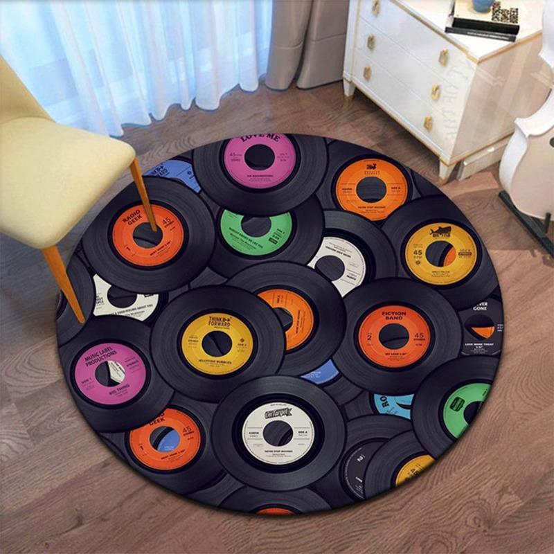 Vinyl Record Round Rug Retro Music Themed Flannel Carpet for Living Room Bedroom Studio Decor Rock n Roll Style Floor Mat