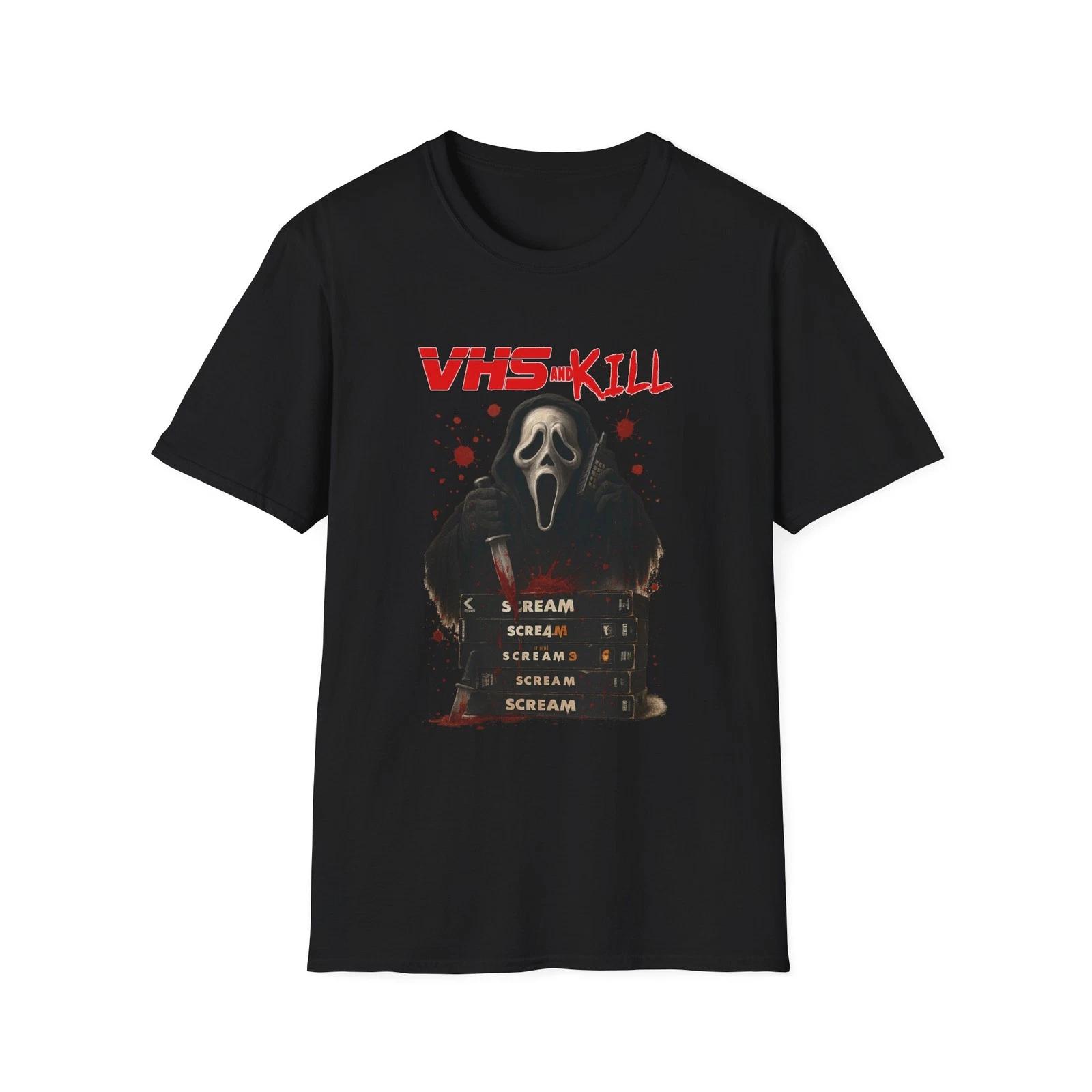 Men s and Women s T-shirts VHS and Kill Unisex Softstyle T-Shirt, Ghostface Scream Movie Tee, XXXXL