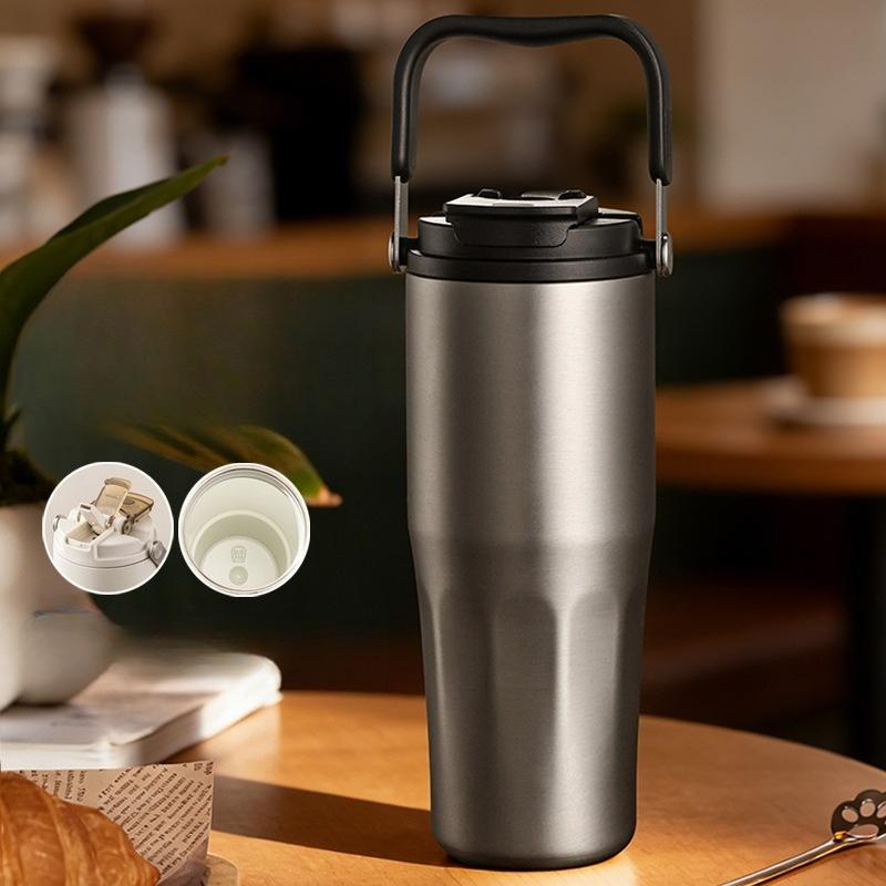 800ml Ceramic Coated Tumbler with Straw Large Capacity Insulated Water Bottle Leakproof Detachable Handle Tea Infuser for Travel 800ml серебряный