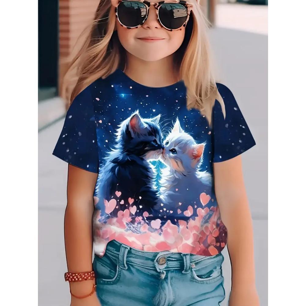 Fun Cat Girl T-shirt Summer Cartoon Pattern Girl Short Sleeve T-shirt Casual Round Neck Top Animal Children's Clothing Girl Clothing