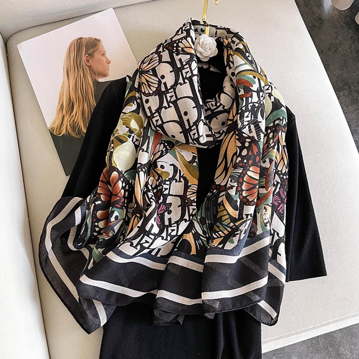 

Women Scarf flower print Hijab soft Shawls and Wraps Tessale Female Foulard Designer pashmina Bandana Headscarf чорний
