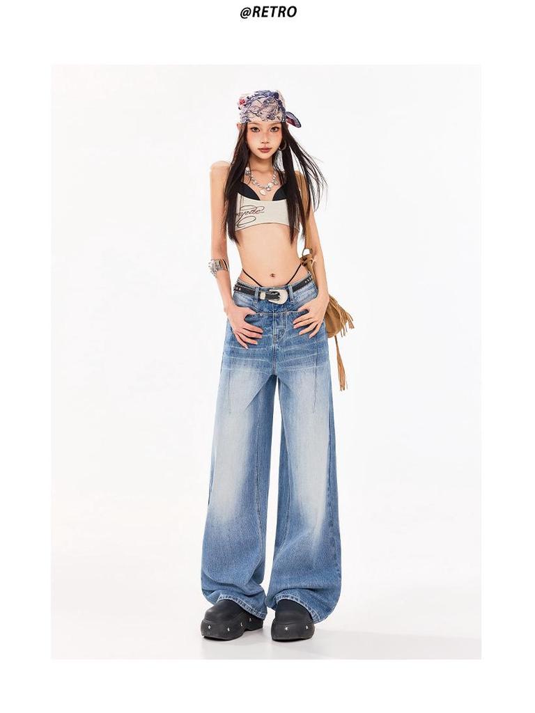 Women's Textured Distressed Denim Jeans: Loose Fit, Wide-Leg, Floor-Length, New Spring/Autumn 2026 Style.