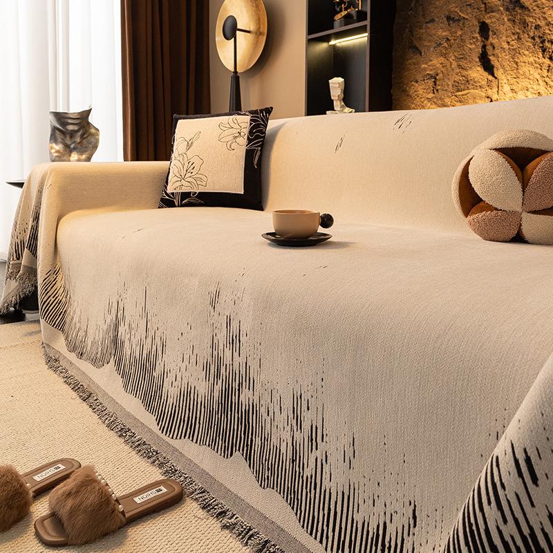 Vintage Chenille Sofa Throw Cover, Reversible Elegant Beige & White Pattern, Tassels Detail, Fits Armchairs To 4-Seater Sofas Couch Covers Reversible