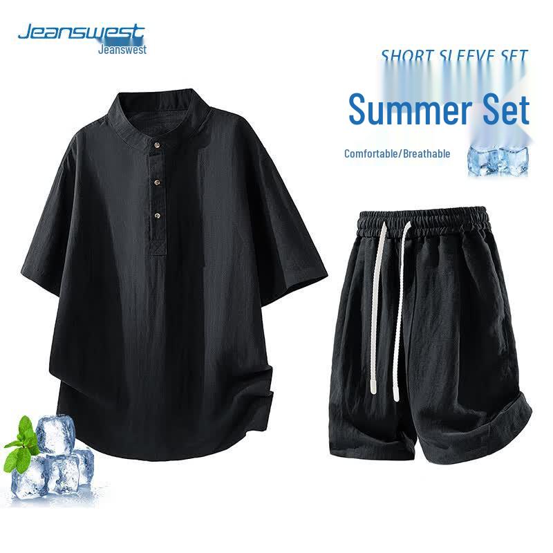 Jeanswest Men s Ice Silk Tencel Casual Two-Piece Set 3XL чёрный