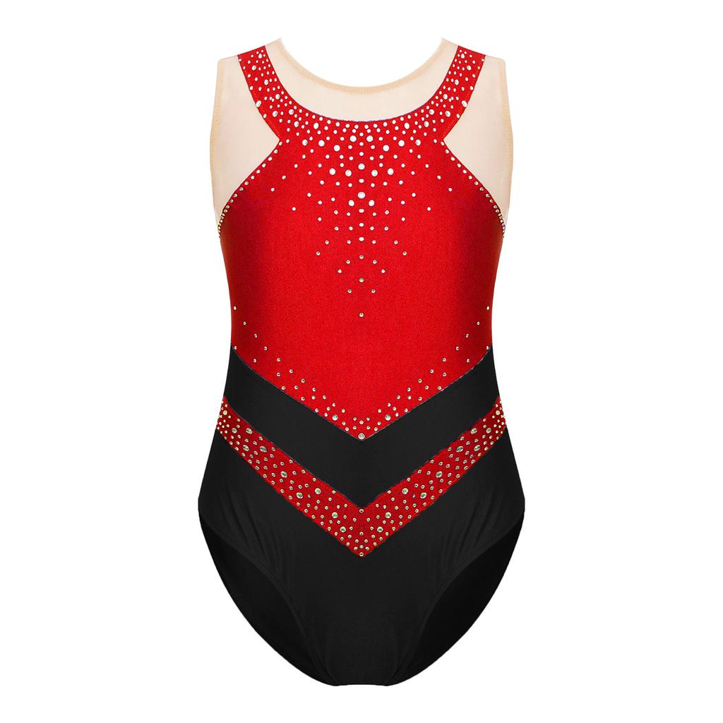 Girls Sparkly Rhinestones Leotard Gymnastics Costume Color Block Sheer Mesh Patchwork Sleeveless Bodysuit