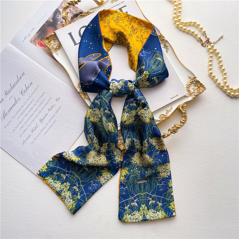 Double-sided double- scarf Chinese petal silk scarf long strip narrow necktie versatile scarf women's hair tie