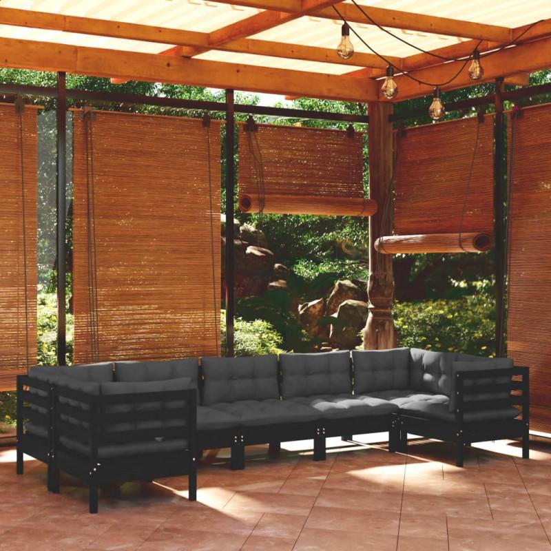 Día y Noche - Día y Noche Muebles de jardín 7 pzas con cojines negro madera de pino