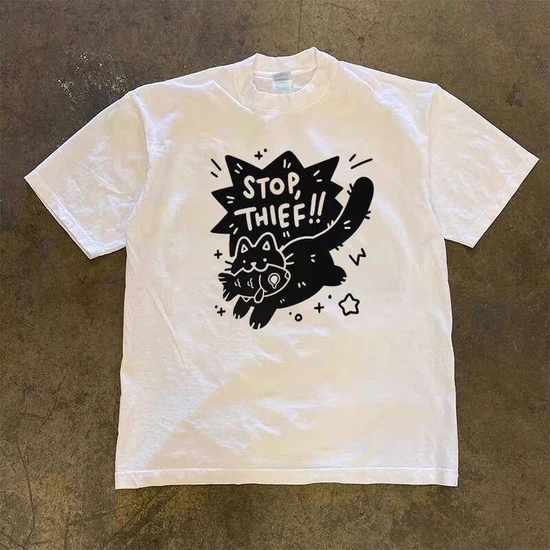 

Cute Cat Graphic Print Autumn Pure Cotton Men s and Women s T-shirt Short Sleeve Street Fashion Trend Clothing Kawaii S